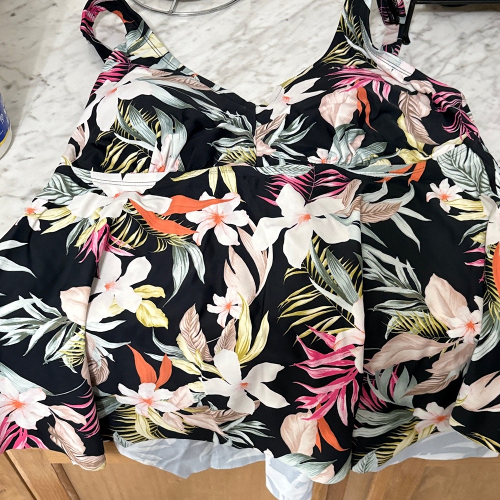 Kona Sol Black Floral Tankini Top with Pink, Orange & Cream Accents